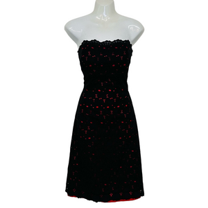 90s Vintage strapless dress Size 8 black lace eyelet over red lining Grad Prom